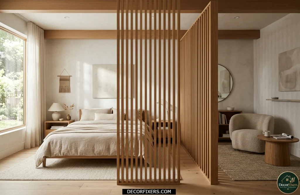 Freestanding wooden slat panels create a modern bedroom divider