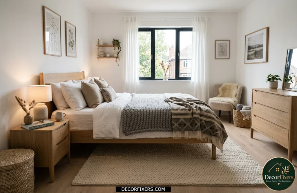 Cozy Scandinavian bedroom with a chunky wool rug adding warmth and texture under the bed.
