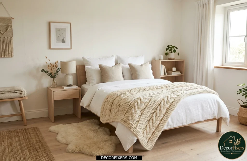 Cozy Nordic bedroom featuring a chunky wool throw and sheepskin accents on a white bed.