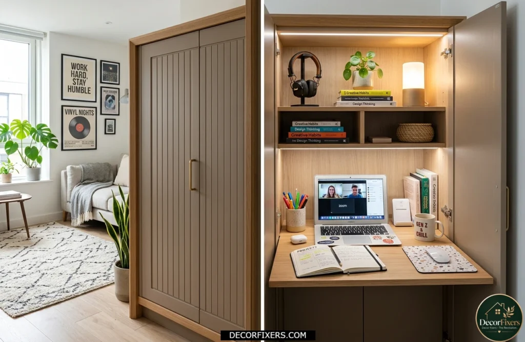 Work cabinet concealing a complete home office setup inside a living room