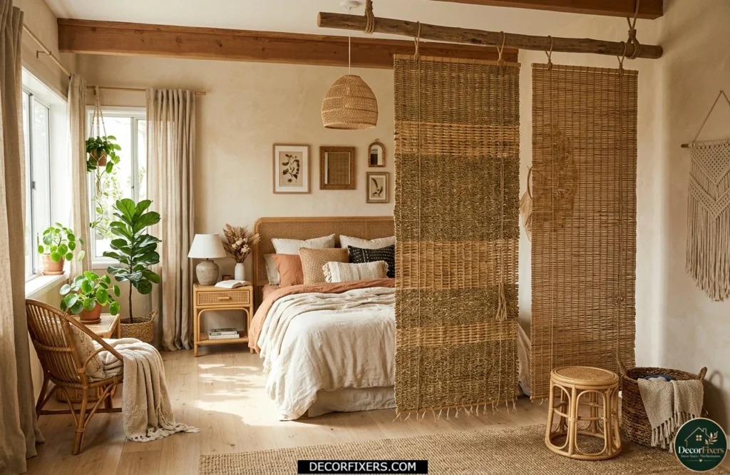 Woven grass panel divider creating natural separation in a boho bedroom