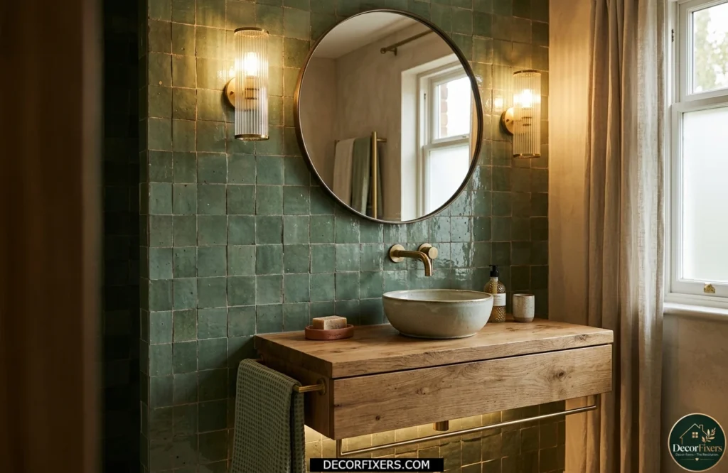 Moroccan zellige tile accent wall behind a compact bathroom vanity