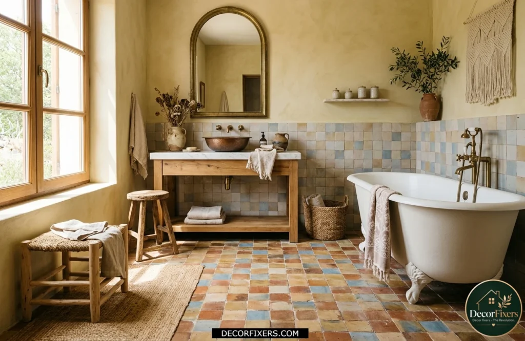 Handmade zellige-style bathroom floor tiles featuring unique texture and artisanal character.