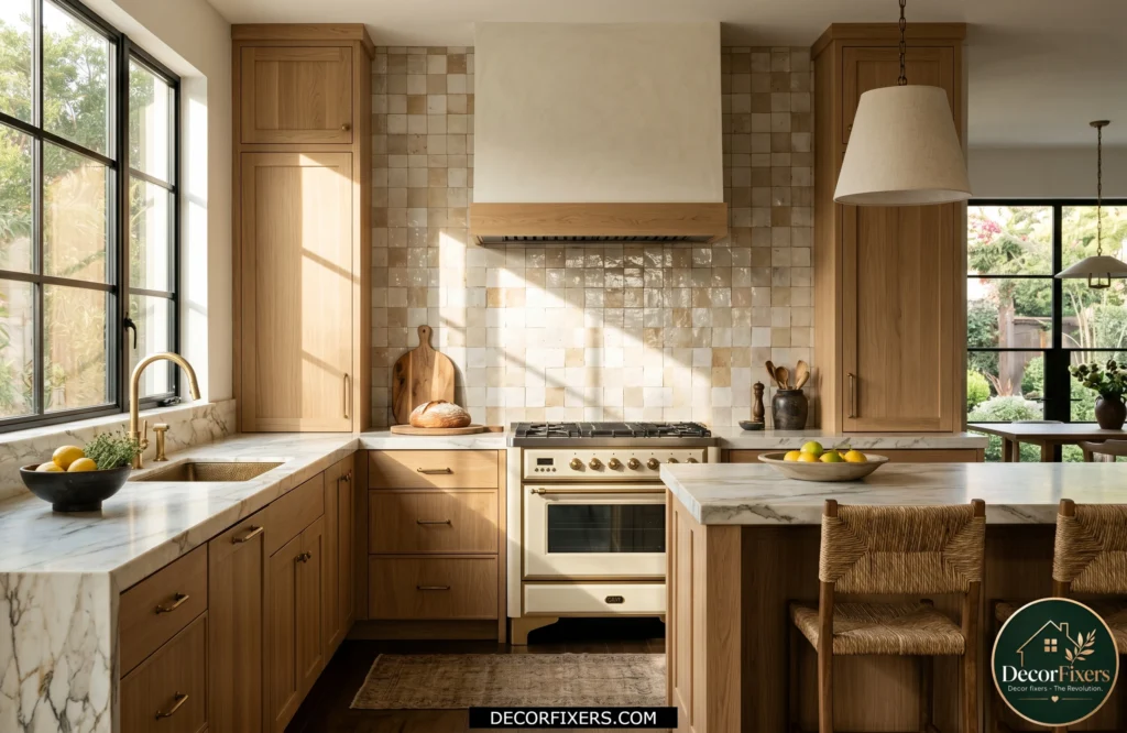 Handmade zellige tile backsplash adding texture, warmth, and character to a modern kitchen.