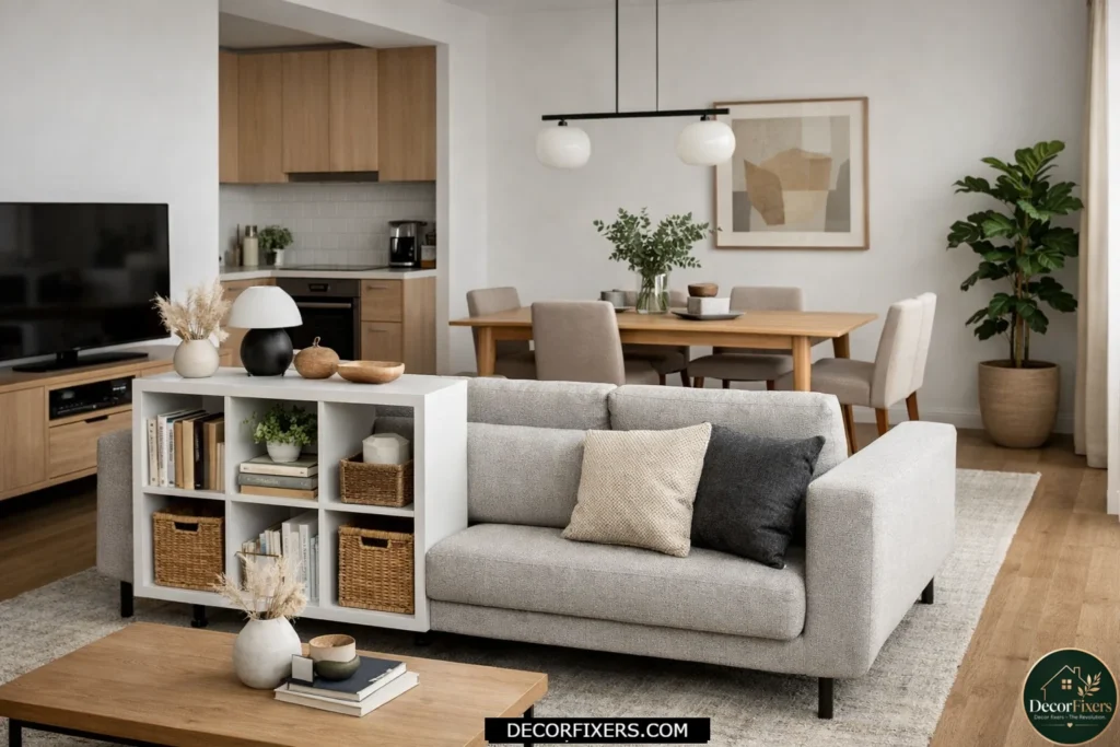 Floating sofa dividing a combined living and dining room into functional zones